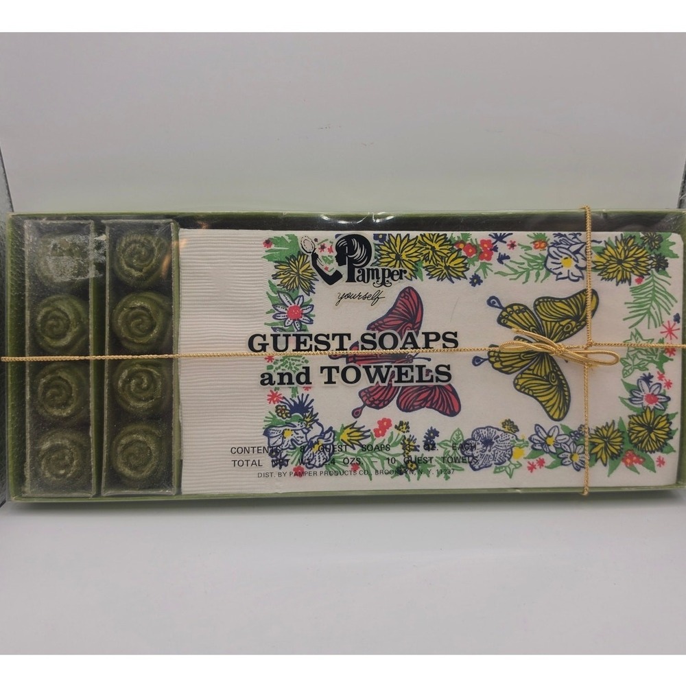 Vintage Pamper Guest Soap and Towels Set Floral Butterfly Sealed 18pc